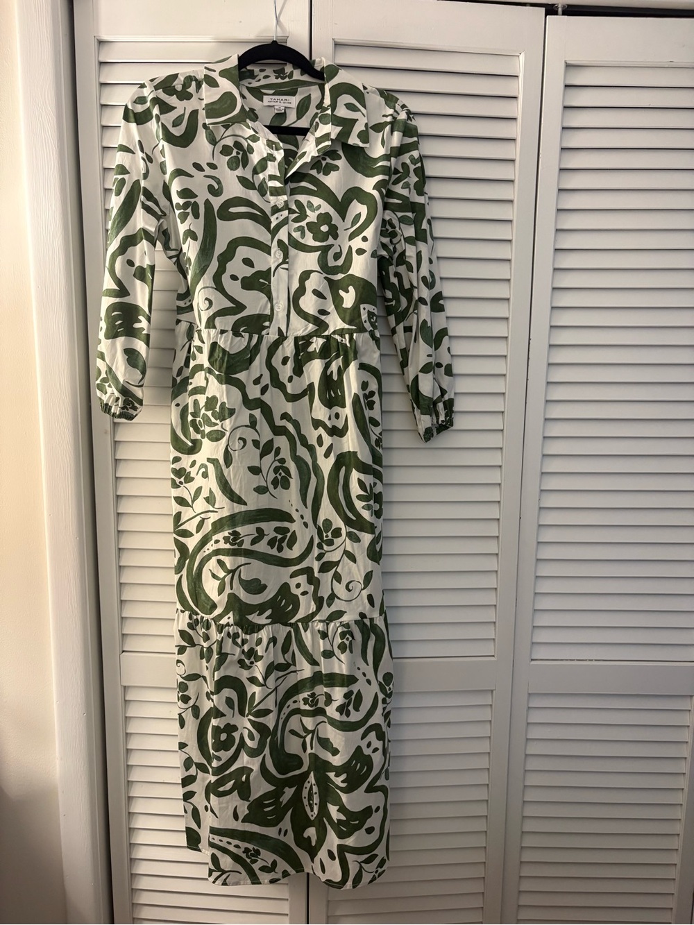 Tahari White and Olive Green Floral Midi Dress